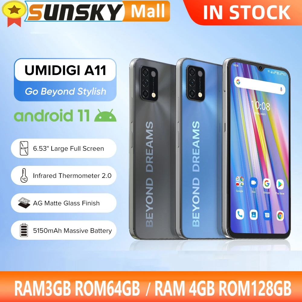 UMIDIGI A11 телефон 5150 мАч Face ID функцией отпечатков пальцев (Fingerprint 6 53 "Android 11 Octa Core 4G