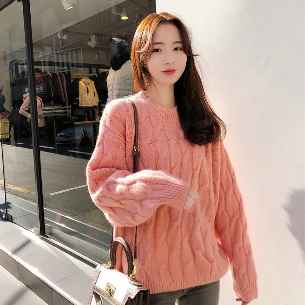 Jaycosin Fashion Women Casual Simple Long Sleeve Knitting Sweater Stylish Solid Color Comfortable Warm Lazy Wind Sweater
