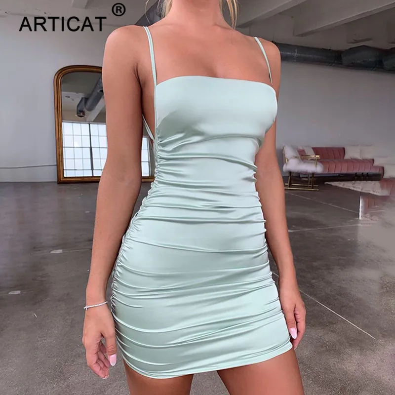 Articat Спагетти ремень Мини атласное платье для женщин пикантные туфли с низким