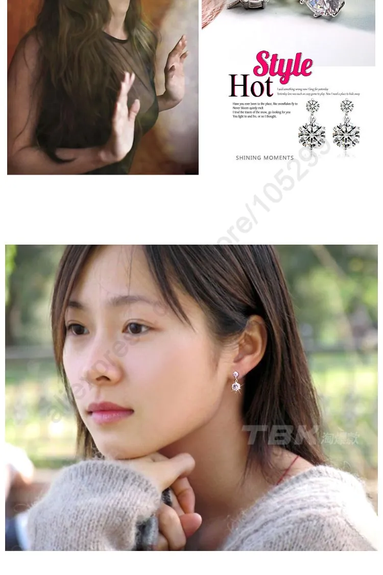 Pendientes colgantes con forma de copo de nieve plateado con acentos de circonita cúbica transparente procedentes del conjunto de joyería de pedida de plata de ley