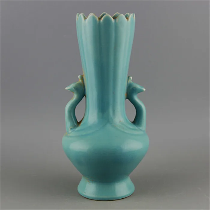 

Ru kiln Azure glaze carving Phoenix ears Vase n as an old imitation of ancient porcelain and antiques unearthed in Song Dynasty