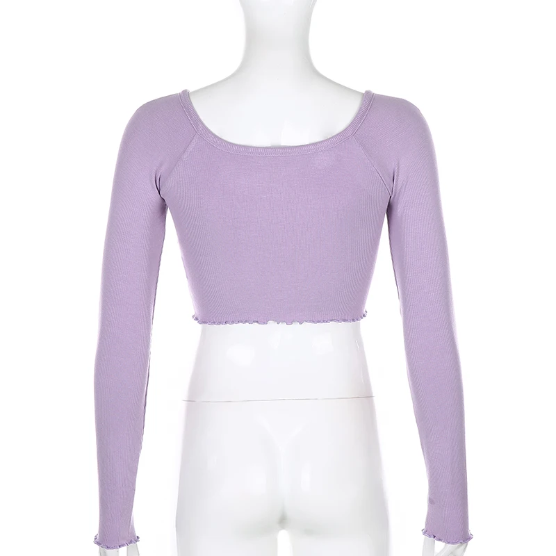 Darlingaga Crew Neck Bow Lace Up Woman T-shirts Purple Solid Slim Long Sleeve Autumn T shirt Casual Crop Tops Tee Shirts Korean