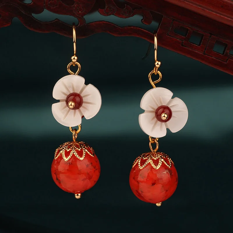 

MYWINY 2019 New red nature stones earrings dangle ethnic shell flower earrings vintage fashion jewelry for women and girl gift