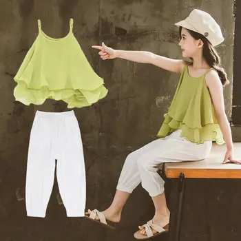 2020 Girl's Clothes New Summer Children Layered Chiffon T-shirt + White Cropped Trousers 2 Pieces Kids Sleeveless Clothing Sets
2020 Girl's Clothes New Summer Children Layered Chiffon T-shirt + White Cropped Trousers 2 Pieces Kids Sleeveless Clothing Sets