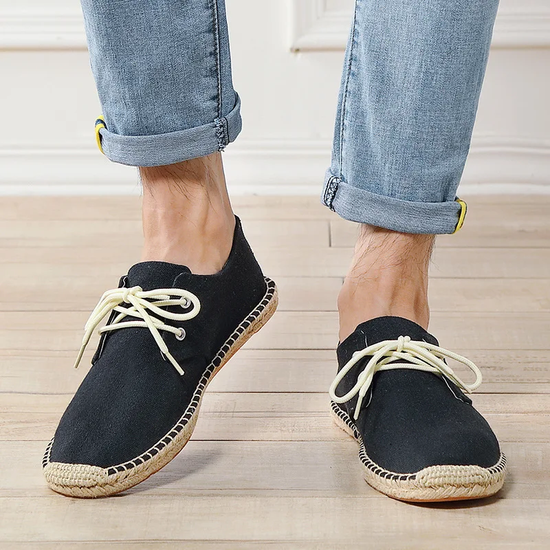 

Men's Hemp Insole Black and White Summer Fisherman's Casual Shoes National Style Men's Hemp Soled Shoes Flat Soled Shoes