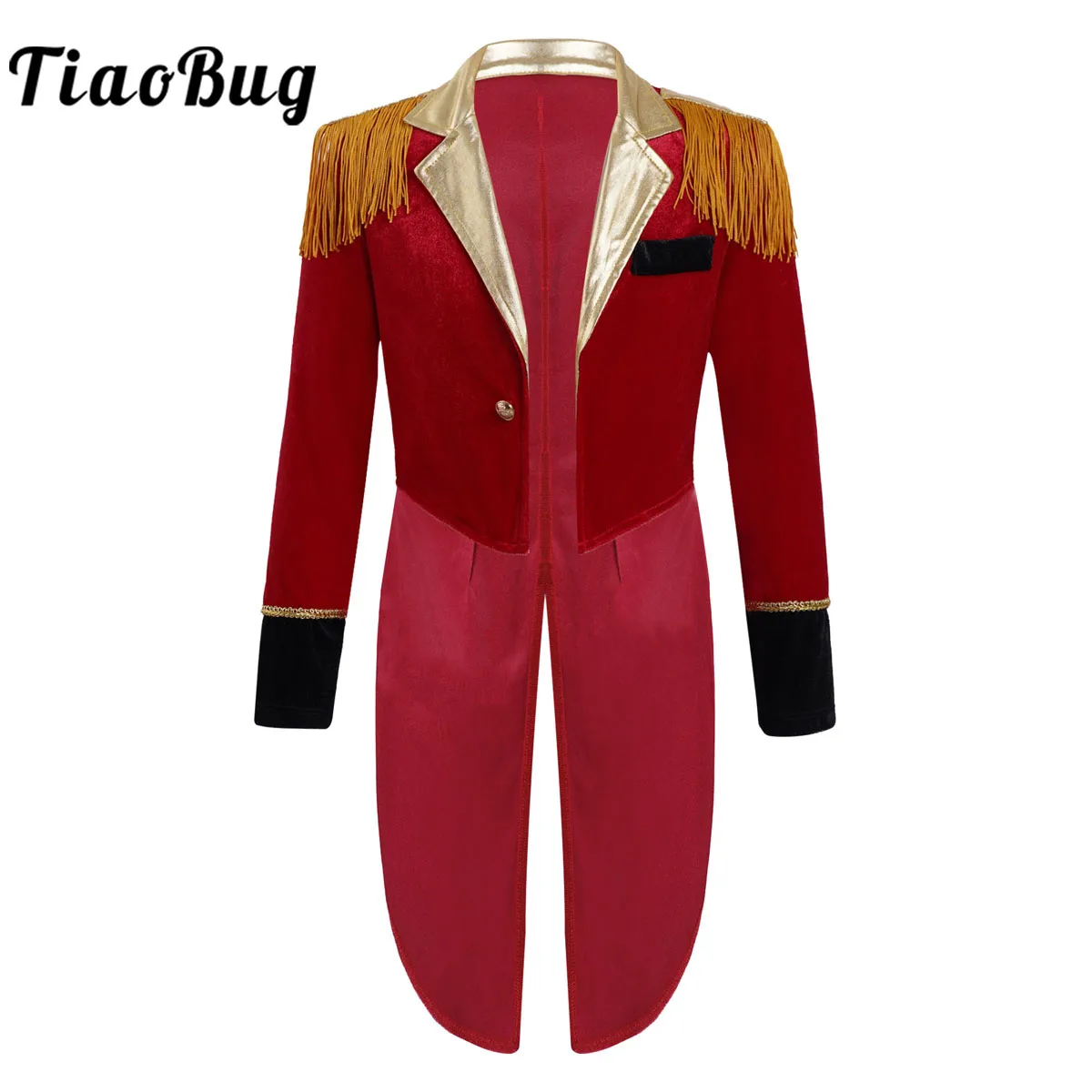 

Kids Boy Circus Ringmaster Costumes Lapel Collar Tailcoat Jacket Tuxedo Coat Outfit Long Sleeves Tassels Showman Cosplay Uniform