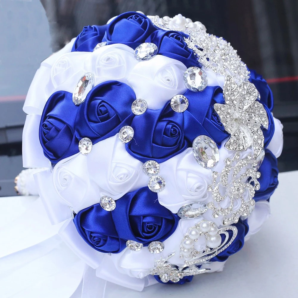 

Silver Rhinestone Brooch Wedding Bouquet for Bride Bridesmaid High Quality Ribbon Flowers Many Size and Colors W228C