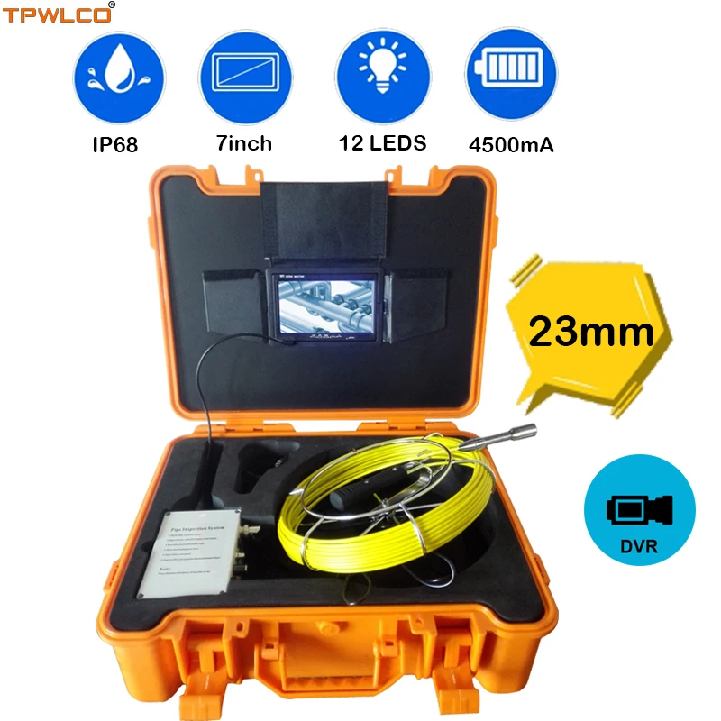 

Support DVR Recorder Waterproof 23mm Drain Sewer Camera With 12pcs LEDS Endoscope Pipe Inspection System 7" LCD Screen 20m Cable