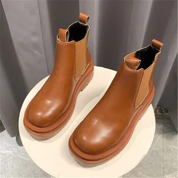 

Winter Warm Fashion Leather Women's Boots Women Shoes Chelsea Boots Preppy Style Heels Slip-on Round Toe Botas Mujer Black Brown