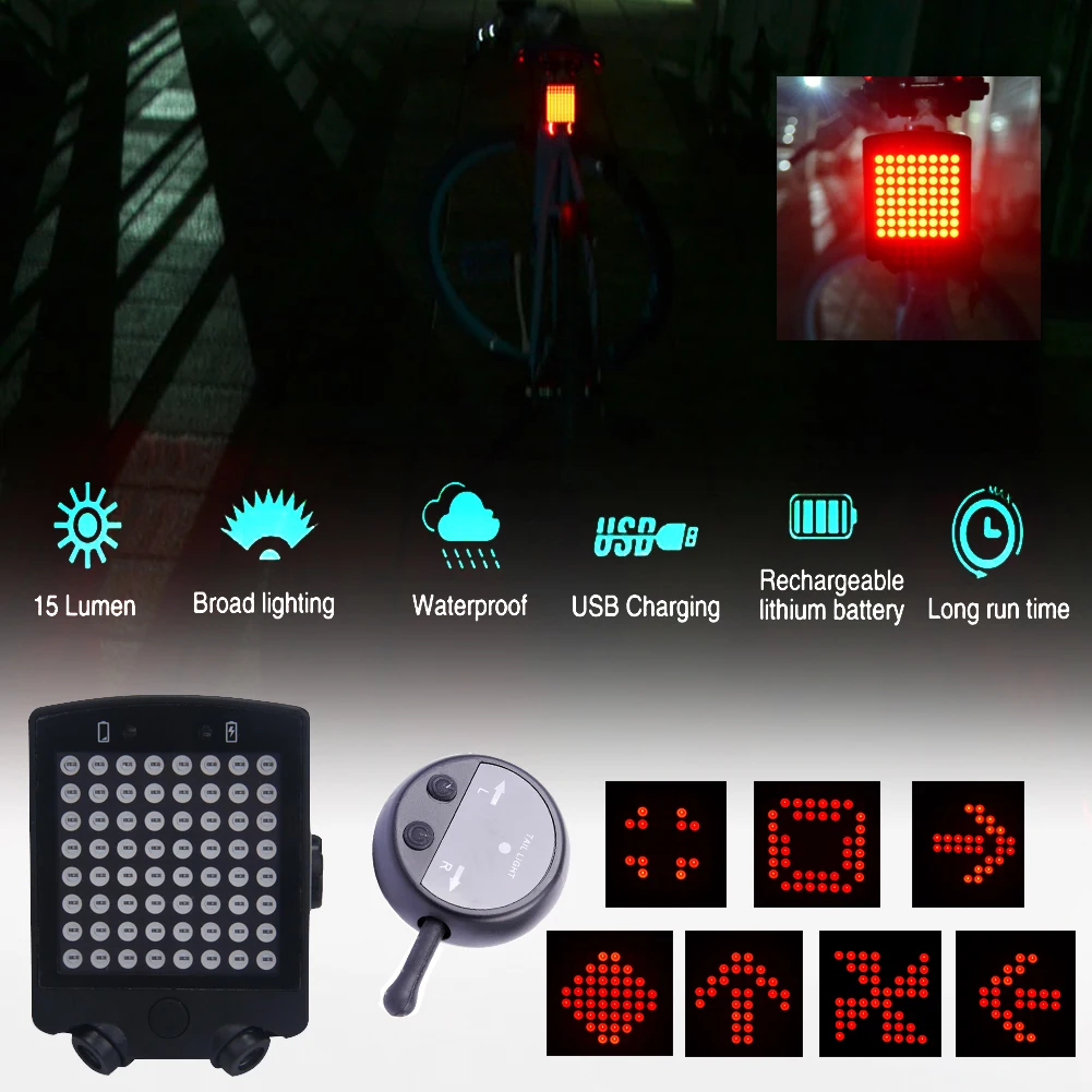 Wireless Remote Control Steering Bicycle Tail Light Waterproof USB Charging and Convenient
Wireless Remote Control Steering Bicycle Tail Light Waterproof USB Charging and Convenient