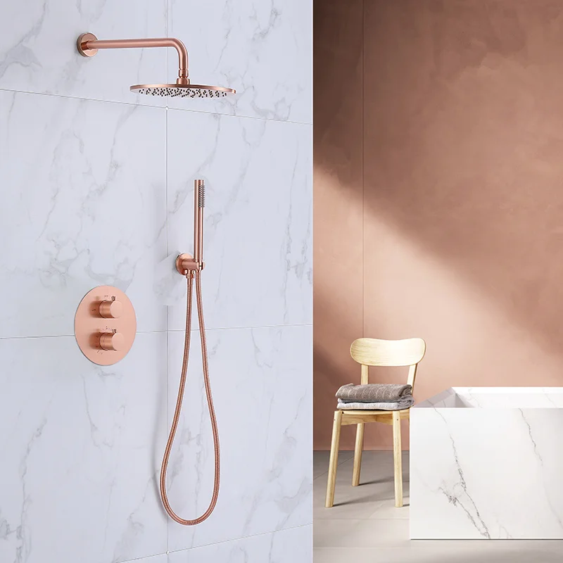 Rose Gold Brass Shower Faucets 10" Rainfall Shower Head Bathroom Shower System Diverter 2 Ways Thermostatic Valve Shower Set
Rose Gold Brass Shower Faucets 10" Rainfall Shower Head Bathroom Shower System Diverter 2 Ways Thermostatic Valve Shower Set