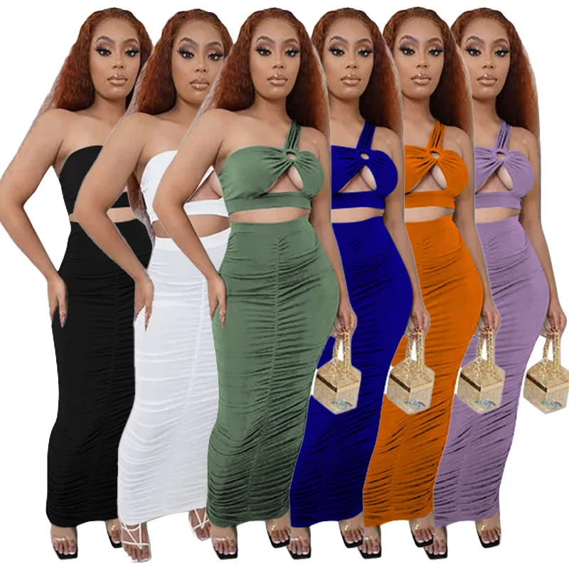 

2021 New Ruching Cropped Top And Long Skirt Two Piece Sets Bodycon Cut Out Night Club Partywear Co-ord Outfits Tight Women Suit