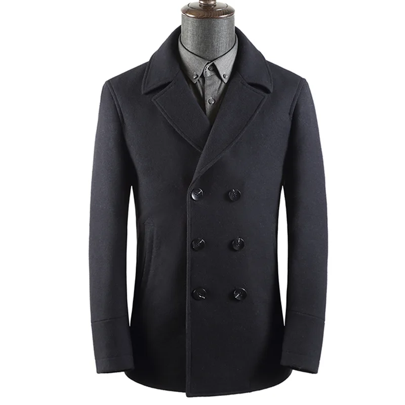 Зимнее двубортное деловое повседневное шерстяное пальто мужское плотное с