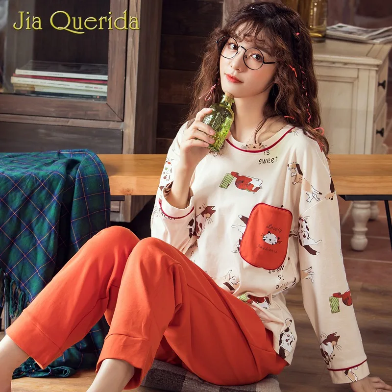 Womens Pajamas Long Sleeve Cotton Sleep Clothes Round Neck Orange Solid Pants Autumn Spring Cute Print Pijama Women Pyjamas Set
Womens Pajamas Long Sleeve Cotton Sleep Clothes Round Neck Orange Solid Pants Autumn Spring Cute Print Pijama Women Pyjamas Set