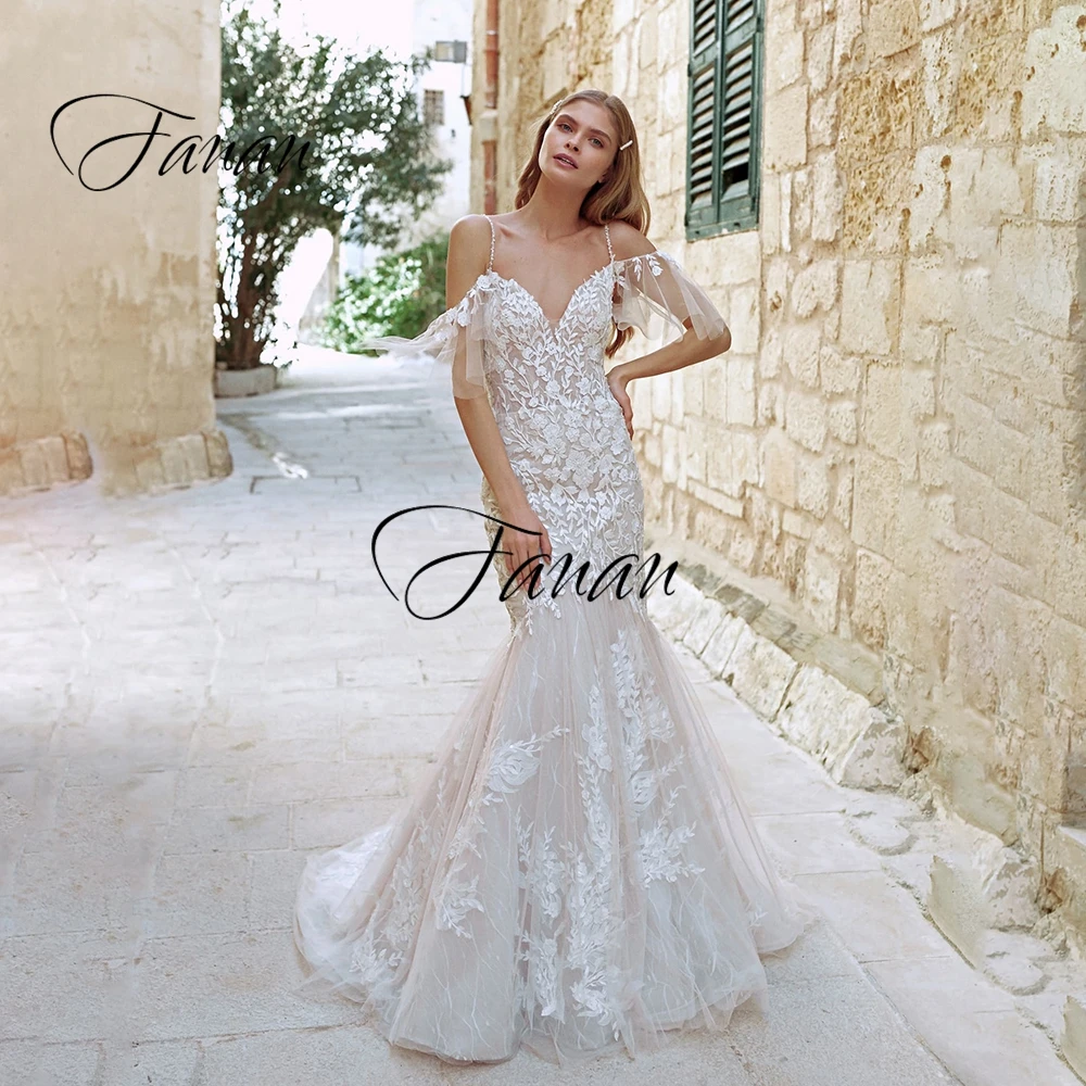 

Sexy V-Neck Cap Sleeve Wedding Dress Lace Appliques Mermaid Bridal Gown Spaghetti Straps Backless robe de soirée mariage