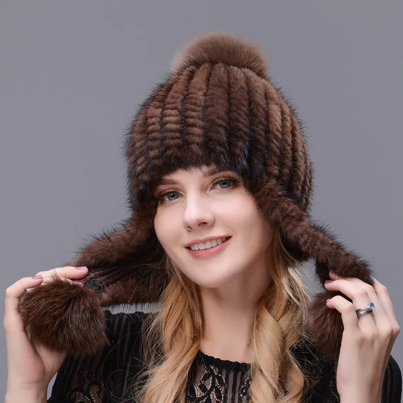 

Women's Hand-kintted Natural Mink Fur Hat Thick And Warmth Long Ear Cap Double Closely Woven Hat With Three Fox Fur Pom Poms