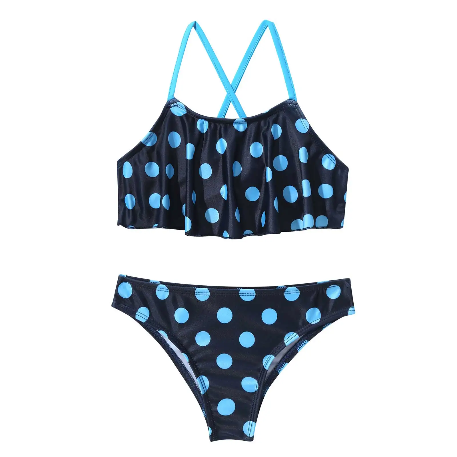 

Summer New Kids Two Pieces Swimsuit Vacation Bathing Suit Flounce Top Bikini Set Beach Wear with Small Dots for Toddler Big Girl