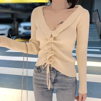 Autumn New Solid Color Ruffles Decoration Sweater Fashion Sexy V-neck Long-sleeved Women Knit Casual Sweaters CY01
Autumn New Solid Color Ruffles Decoration Sweater Fashion Sexy V-neck Long-sleeved Women Knit Casual Sweaters CY01
