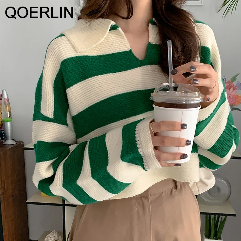 

QoerliN Girl Striped Sweater Winter Knitted Cropped Tops Sailor Collar Long Sleeve Loose Casual Oversized Pullovers Knitwear