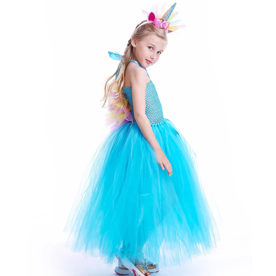 Blue Girls Tutu Dress With Flower Unicorn Headband Baby Fluffy Tulle Robe Kids Girl Performance Halloween Costume Vestidos Clothes (12)