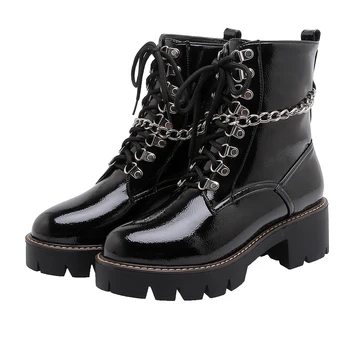 Autumn Boots Women Fashion CHain Ankle Boots Black Patent Leather Square Low Heel Woman Boots Winter Lace Up Women Shoes 2019 
Autumn Boots Women Fashion CHain Ankle Boots Black Patent Leather Square Low Heel Woman Boots Winter Lace Up Women Shoes 2019