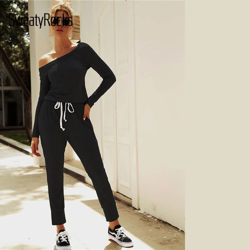 SweatyRocks Black Asymmetrical Neck Drawstring Waist Jumpsuit Women High Waist Casual 2019 Fall Active Wear Long Solid Jumpsuits
SweatyRocks Black Asymmetrical Neck Drawstring Waist Jumpsuit Women High Waist Casual 2019 Fall Active Wear Long Solid Jumpsuits