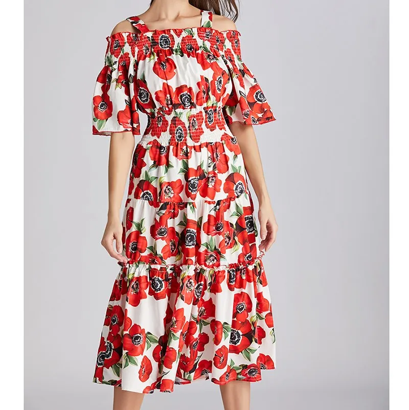 Fashion Nice Women Runway Designer Flower Summer Dress Out Shoulder Slash Neck A-Line Dress Red Rose Floral Print Party Dress
Fashion Nice Women Runway Designer Flower Summer Dress Out Shoulder Slash Neck A-Line Dress Red Rose Floral Print Party Dress