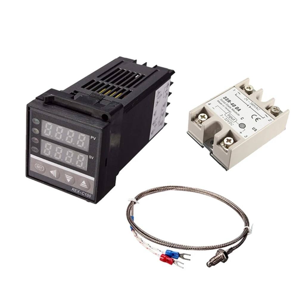 REX-C100 Digital PID Temperature Controller Set: Thermostat SSR output + Max.40A SSR Relay + K Thermocouple Probe RKC (3PCS) REX-C100 Digital PID Temperature Controller Set: Thermostat SSR output + Max.40A SSR Relay + K Thermocouple Probe RKC (3PCS)