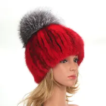 

New Design Real Mink Fur Women Hat Warm Beanies With Genuine Fox Fur Pompom Female Girl Winter Cap Bonnets for Women Designer