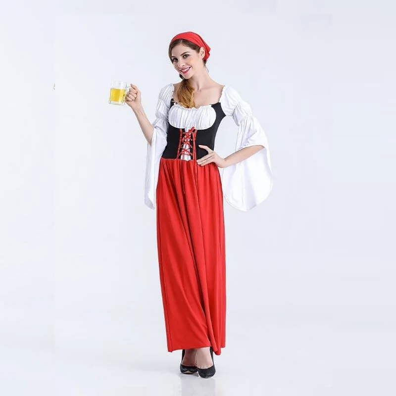 

German Girl Masquerade Women Bavarian Oktoberfest Beer Maiden Cosplay Costume Fantasy Halloween Role Playing Red Long Dress