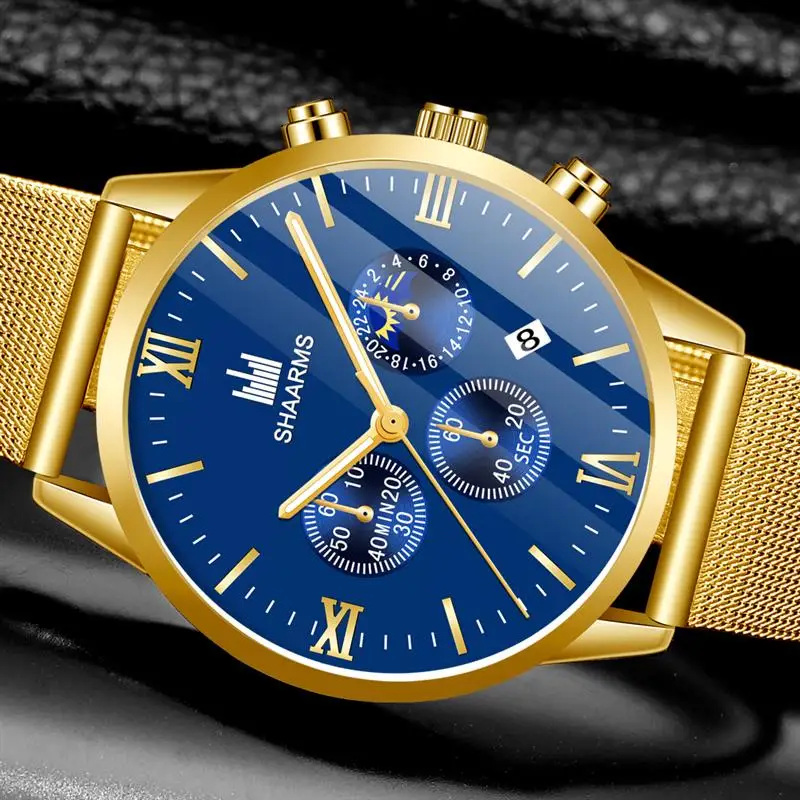 SHAARMS Luxury Men Gold Watch Mesh Band Stainless Steel Quartz Wristwatch Male Man Military Sport Business Watches Reloj Hombre | Наручные