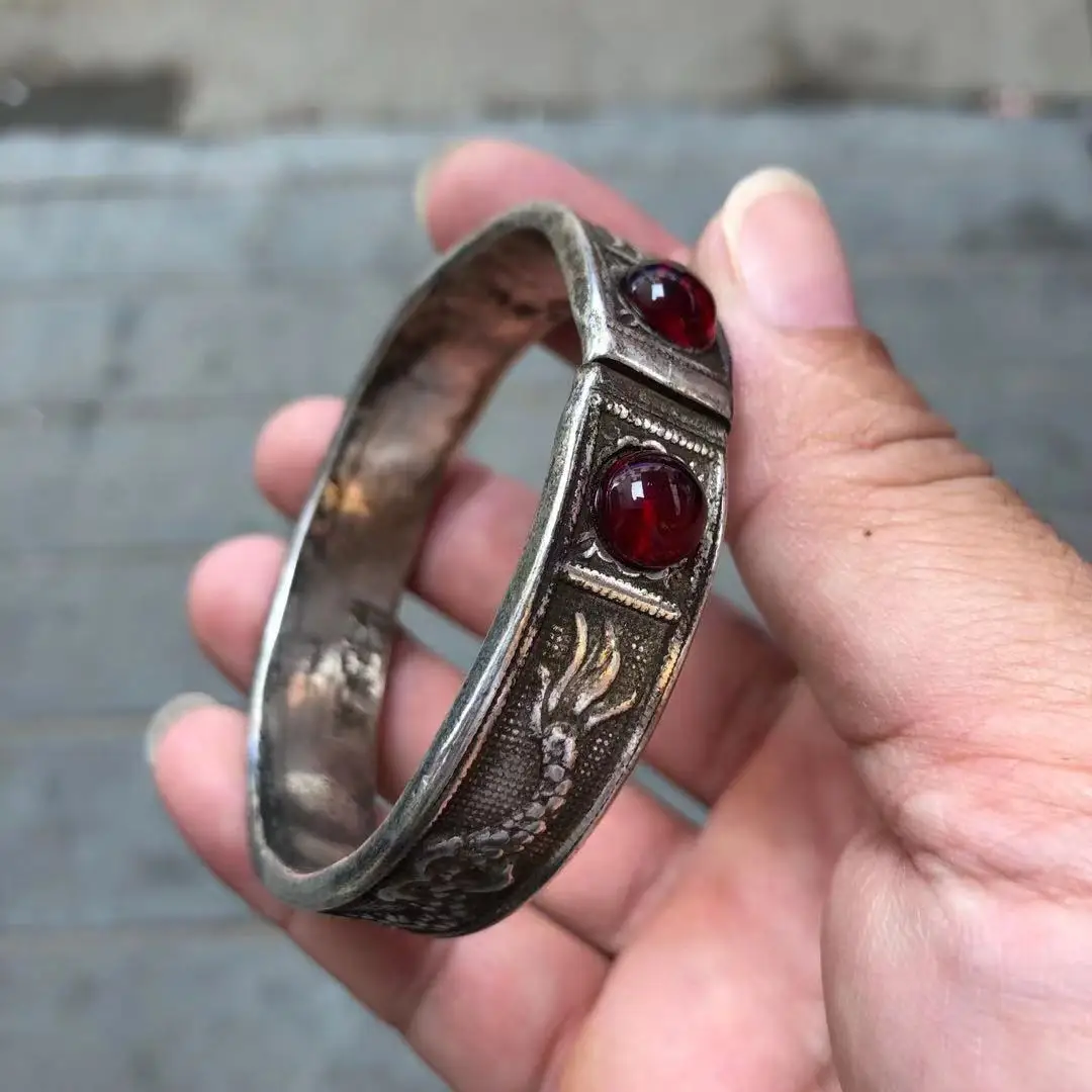 

Тибетский серебряный Открытый браслет, ручное украшение, винтажный инкрустированный драгоценный камень, браслет с двойным драконом
