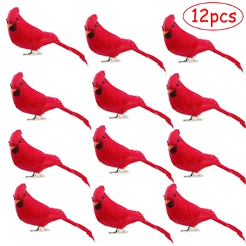 

12pcs Artificial Red Clip-on Cardinals Feathered Birds Christmas Ornaments Artificial Parrots Imitation Bird Model Home