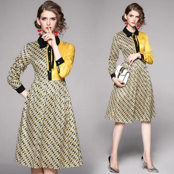Contrast Color Vintage Tunic A-Line Dress Office Spring Summer Bow Dress Women Elegant Geometry Print Long Sleeve Midi Dresses
Contrast Color Vintage Tunic A-Line Dress Office Spring Summer Bow Dress Women Elegant Geometry Print Long Sleeve Midi Dresses