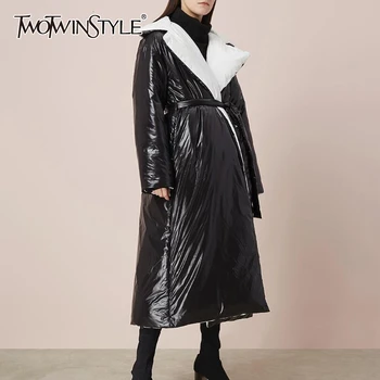 TWOTWINSTYLE PU leather Hit Color Lace Up Women's Cotton Coats Lapel Collar Long Sleeve Parkas Female 2020 Fashion Winter New
TWOTWINSTYLE PU leather Hit Color Lace Up Women's Cotton Coats Lapel Collar Long Sleeve Parkas Female 2020 Fashion Winter New