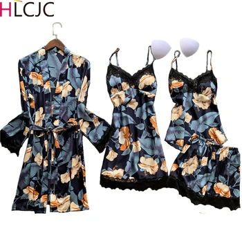 2020 Women Pajamas Sets Satin Sleepwear Silk 4 Pieces Nightwear Pyjama Spaghetti Strap Lace Sleep Lounge Pijama With Chest Pads
2020 Women Pajamas Sets Satin Sleepwear Silk 4 Pieces Nightwear Pyjama Spaghetti Strap Lace Sleep Lounge Pijama With Chest Pads