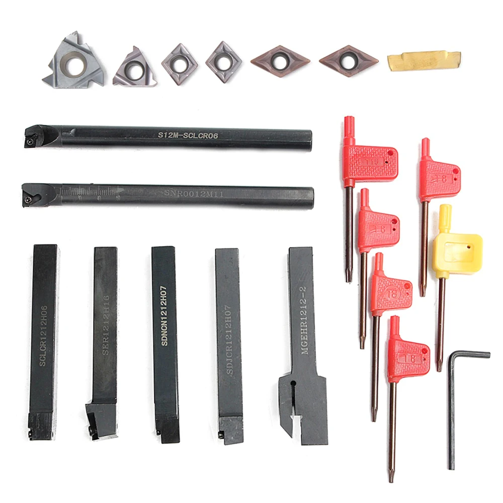 7Pcs Set 12mm Shank Lathe Turning Tool Holder Boring Bar + DCMT CCMT Carbide Insert + Wrench
7Pcs Set 12mm Shank Lathe Turning Tool Holder Boring Bar + DCMT CCMT Carbide Insert + Wrench