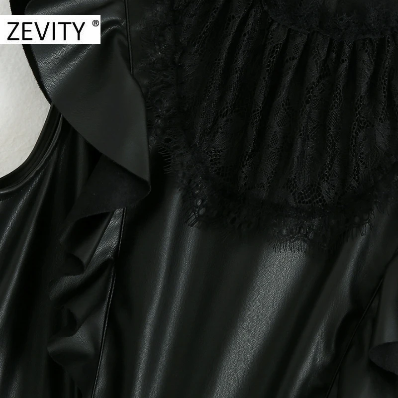 ZEVITY New women lace patchwork casual PU leather A line dress female sleeveless ruffles vestido chic back zipper dresses DS4437