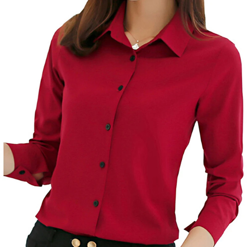 Фото Блузка Женская Офисная с длинным рукавом белый розовый красный темно-синий