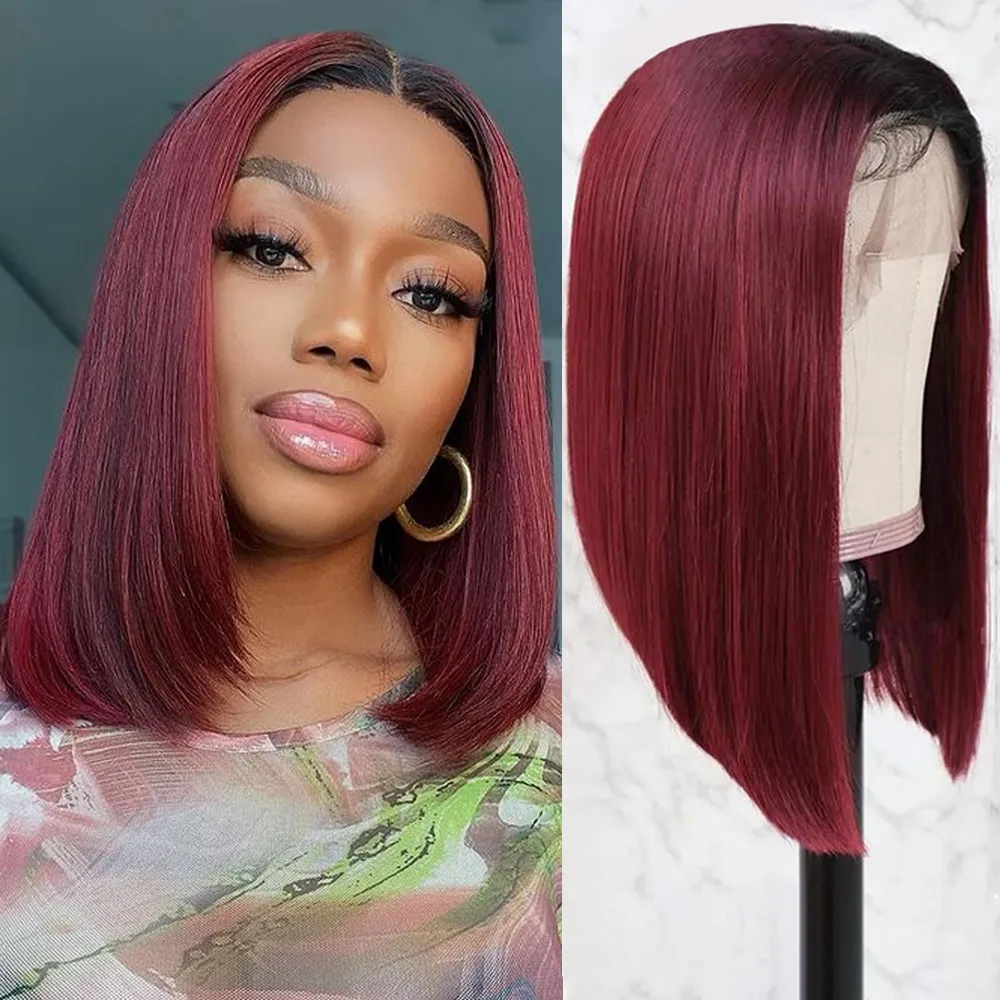 

99J/Burgundy Short Bob Human Hair Wigs Pre Plucked Brazilian Straight Lace Front Wigs For Women Remy 13x4 Lace Frontal Wig 180%