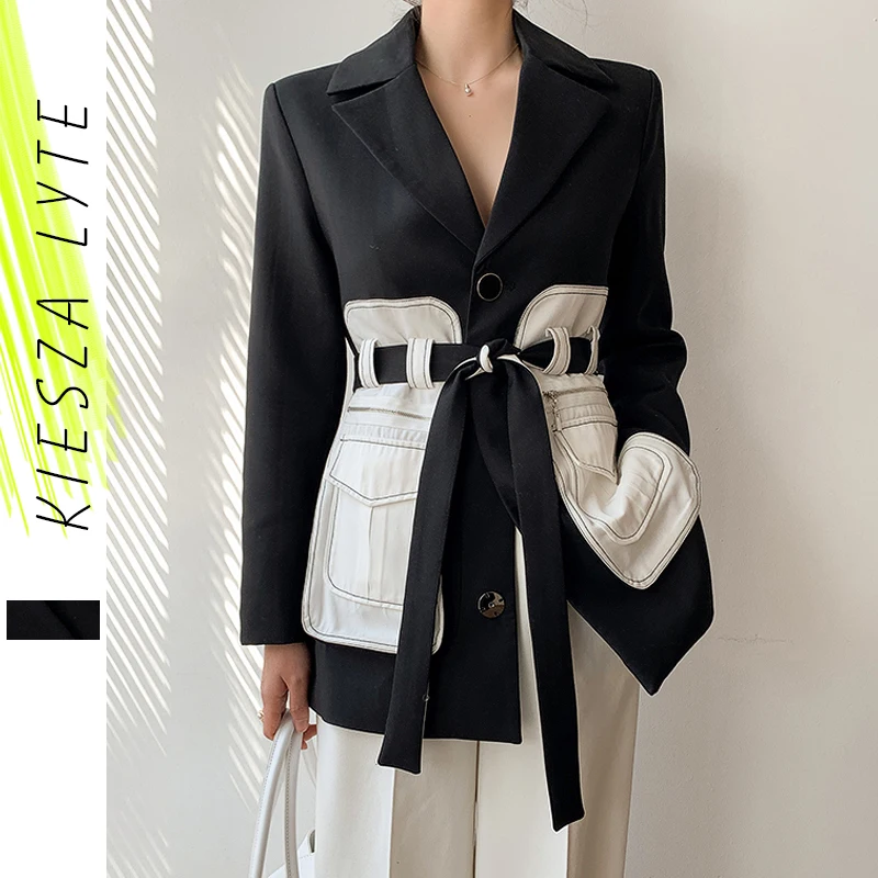 Женский офисный Блейзер черно-белый пиджак с отложным воротником и поясом