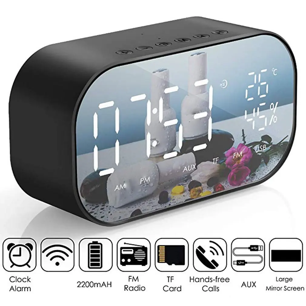 Alarm Clock FM Radio Mini Portable Wireless Speaker Mirror LED Dimmable Display Car Subwoofer Stereo Speaker
Alarm Clock FM Radio Mini Portable Wireless Speaker Mirror LED Dimmable Display Car Subwoofer Stereo Speaker