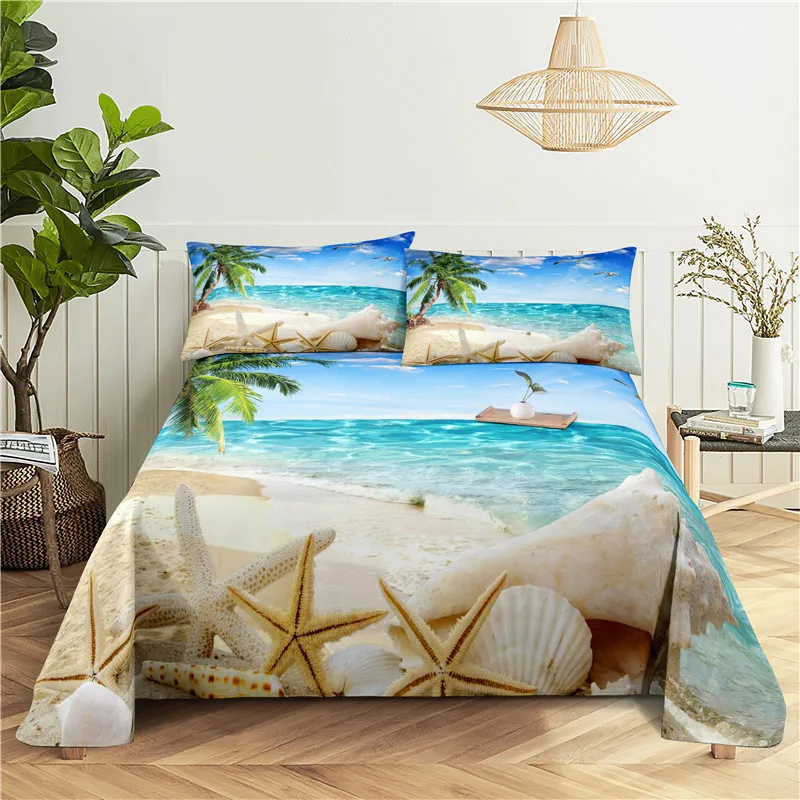 

Sandy Beach Bedding Sheet Home Digital Printing Polyester Bed Flat Sheet With Pillowcase Print Bed Sheet
