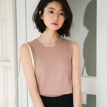 

Knitted round neck sleeveless Tops Women vest Solid thin White Tanks 2020 summer camisole Female casual vests Black Korea style