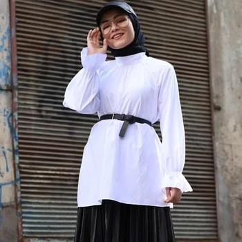 

Siskakia White Shirt Muslim Women Turtleneck Flare Long Sleeve Shirt All Match Loose Plus Size Arabian Turkish Tops Female 2020