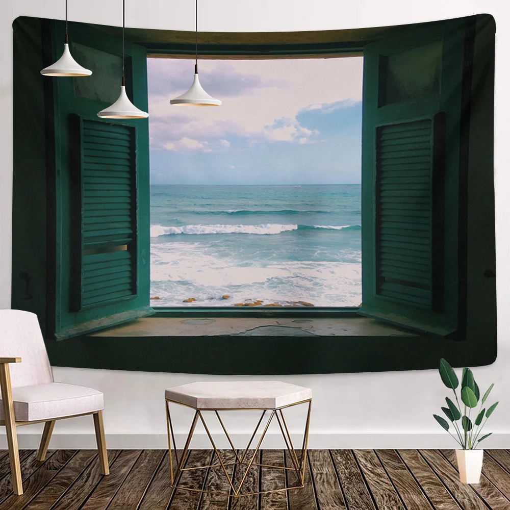 

Sea Outside The Window Tapestry Hippie Wall Hanging Starry Night Sky Moon Tapestries Psychedelic Wall Cloth Carpet Ceiling