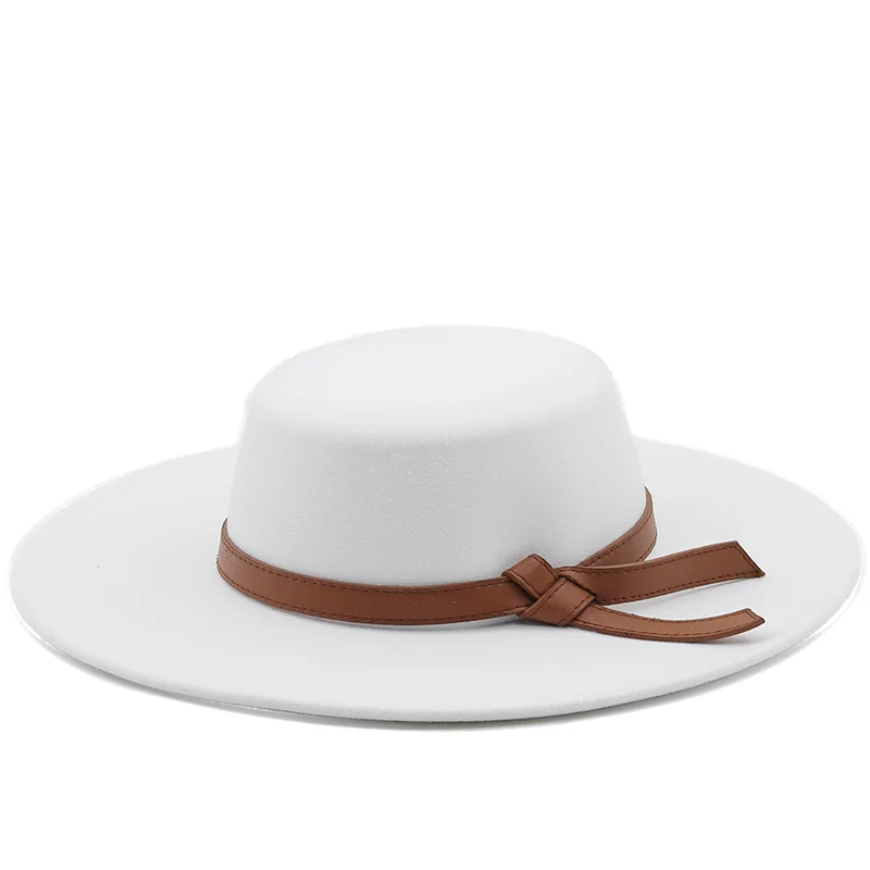 

9.5CM Wide Brim Simple Church Derby Top Hat Panama Solid Felt Fedoras Hat with Bow for Women artificial wool Blend Jazz Cap