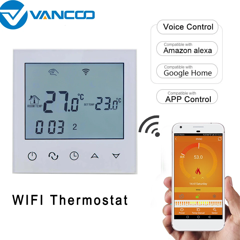 Vancoo Room WiFi Thermostat Temperature Controller for Warm Electric Underfloor Heating Week Programmable Thermostat 16A
Vancoo Room WiFi Thermostat Temperature Controller for Warm Electric Underfloor Heating Week Programmable Thermostat 16A
