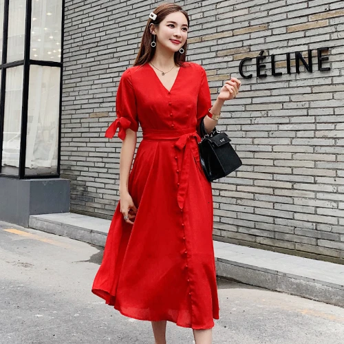 2019 New Summer Buttons Chinese Style Red Dress V-neck A-line Short Sleeve Bow Women Clothes Casual Fashion Female Work Wear Red
2019 New Summer Buttons Chinese Style Red Dress V-neck A-line Short Sleeve Bow Women Clothes Casual Fashion Female Work Wear Red