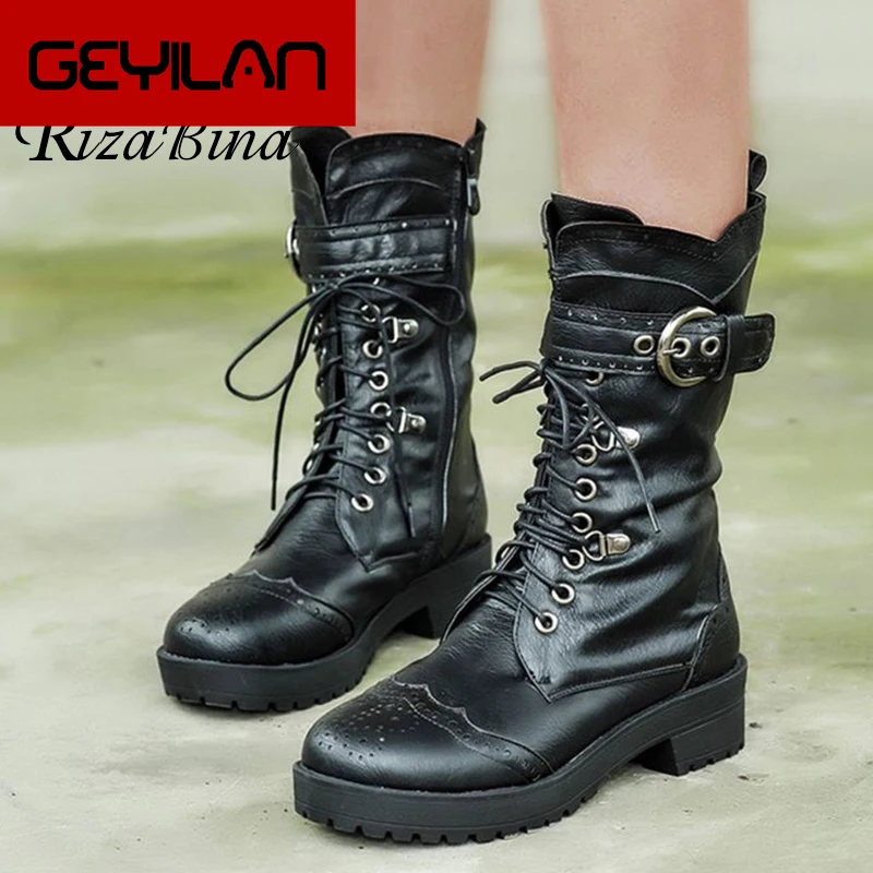 Women Mid Calf Boots Fashion Brogue Casual Lace Up Winter Shoes Women Metal Buckle Flats Boots Keep Warm Size 34-43 
Women Mid Calf Boots Fashion Brogue Casual Lace Up Winter Shoes Women Metal Buckle Flats Boots Keep Warm Size 34-43